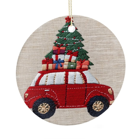Red Car And Christmas Tree Christmas Tree Ornaments Xmas Holiday Decor Custom 3" Ceramic 2025 Xmas Ornament Ideal for Gifting And Collecting