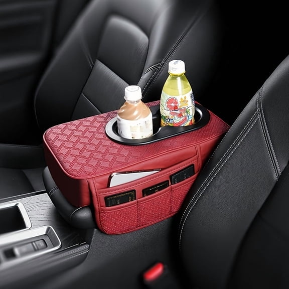 Red Car Center Console Pad with 2 Side Pockets and 2 Cup Holders, PU Leather Universal Car Armrest Protector Cover, Multifunctional Storage Mat for Phone, Water Bottle and Cards, Fits Most Vehicles,