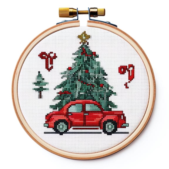 Red Car and Christmas Tree DIY Stamped Cross Stitch Kits for Beginners Easy with Hoop 11CT Needlepoint Embroidery Counted Cross Stitch Kits Art Craft Wall Decoration 30x30cm(1)