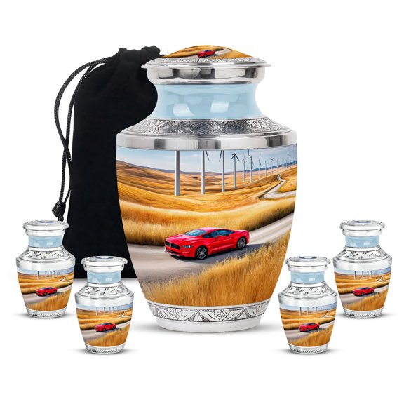 Red Car Large Urns for Human Ashes Men - Blue Urns for Cremation Ashes Female and Male 10 Inch, 4 Keepsake Set