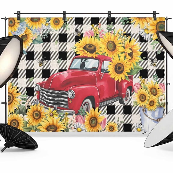 Red Car Photography Backdrop 7x5FT, Yellow Sunflower Bee Leaves Spring Plant Buffalo Plaid Photo Backdrops, Background for Photography Studio Photo Studio Background, Back Drop for Photoshoot