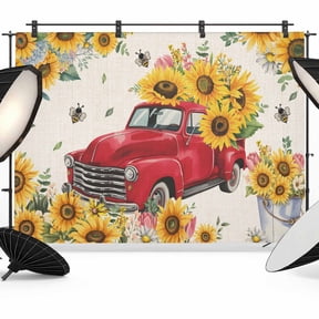 Red Car Photography Backdrop 7x5FT, Yellow Sunflower Bee Leaves Spring Plant Retro Linen Photo Backdrops, Background for Photography Studio Photo Studio Background, Back Drop for Photoshoot