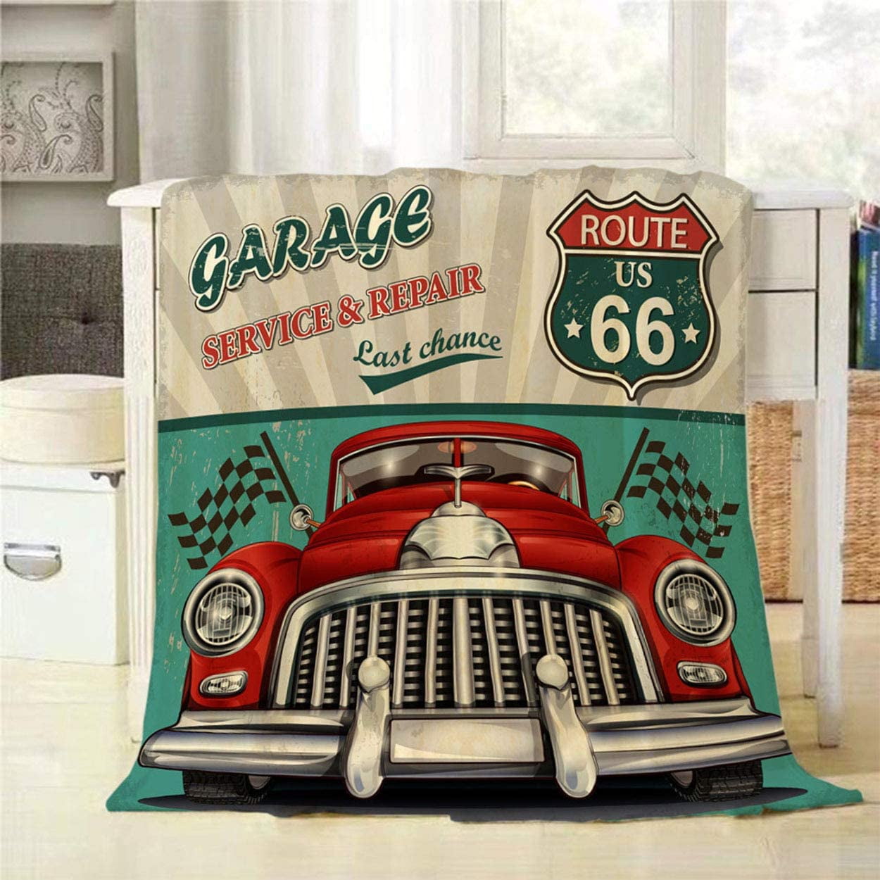 Red Car Throw Blanket Vintage Garage Service & Repair Route 66 Retro