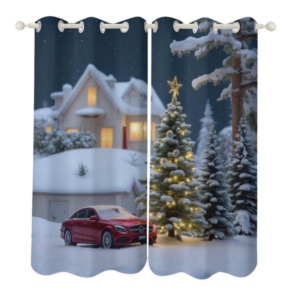 Red Car by Christmas Tree in Snowy Scene 2 Panels Curtains for Bedroom Living Room Drapes Kitchen Window Curtain Home Decor