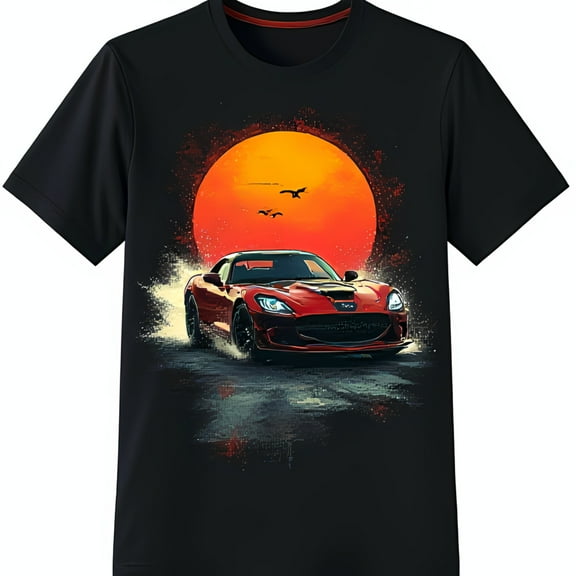 Red Car in Motion Against Sunset Graphic Black T-Shirt for Car Enthusiasts