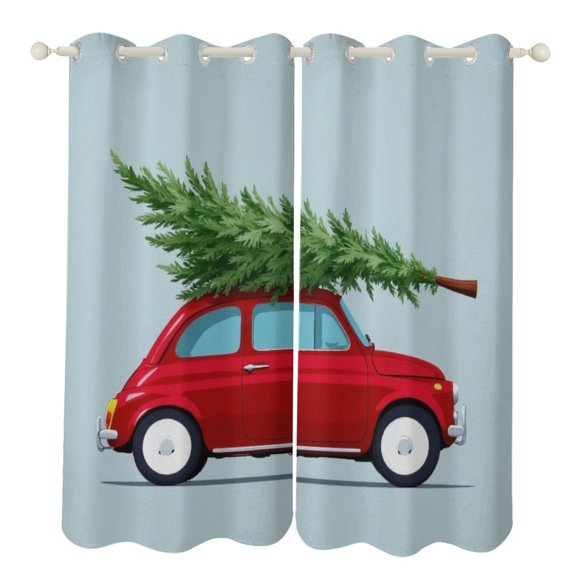 Red Car with Christmas Tree Blackout Window Curtains for Bedroom Living Room Kicthen High Shading 2 Panels