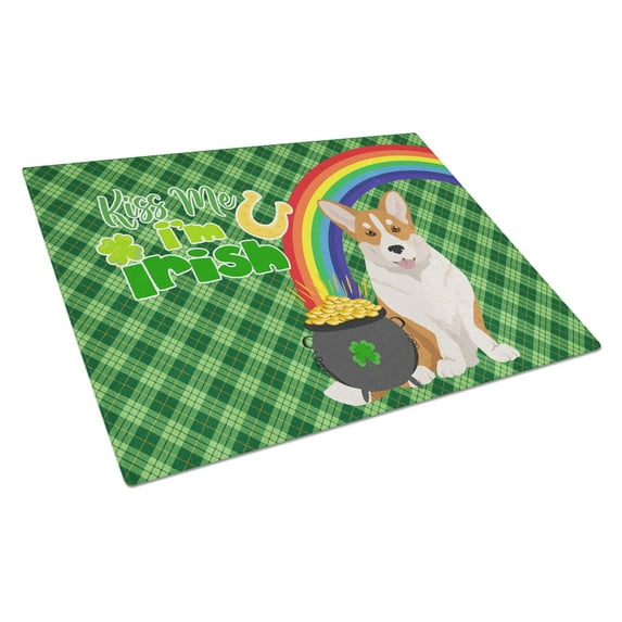 Red Cardigan Corgi St. Patrick's Day Glass Cutting Board Large 12 in x 15 in