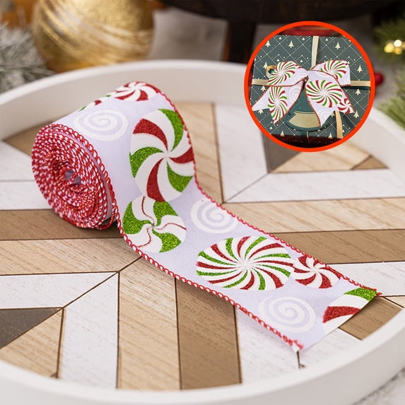 Red Cardinal with Berry White Patterned Wired Ribbon for Christmas Tree Decorations, 2.5 Inch Wide Christmas Candy Ribbon Burlap Ribbon for DIY Craft Wreath Christmas Tree Decoration Gift
