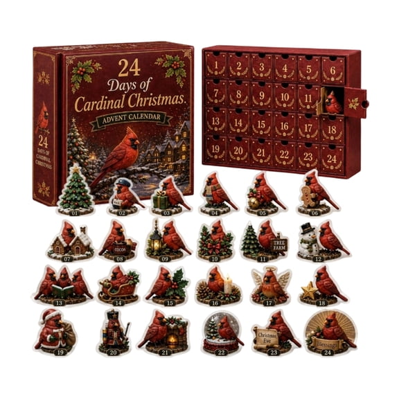 Red Cardinal Bird 24-Day Christmas Advent Calendar, 24-Pc 2D Acrylic Ornament Blind Box, Stress Relief Gift for Bird Lovers