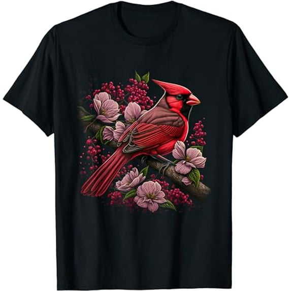 Red Cardinal Bird And Pink Flowering Dogwood Blossoms T-Shirt