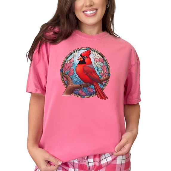 Red Cardinal Bird Art T-Shirt, Stained Glass Style Cardinal Shirt, Nature Inspired T-Shirt, Bird Lover Gift, Artistic Bird Tee, Crunchberry Comfort Colors T-Shirt, 3XL