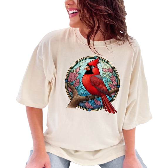 Red Cardinal Bird Art T-Shirt, Stained Glass Style Cardinal Shirt, Nature Inspired T-Shirt, Bird Lover Gift, Artistic Bird Tee, Ivory Comfort Colors T-Shirt, Large