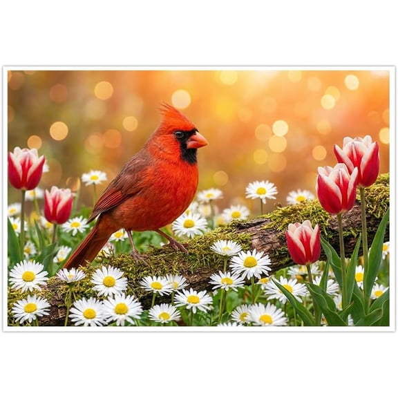 Red Cardinal Bird Canvas Wall Art for Living Room Bedroom Home Decor Wildlife Nature Print with Spring Flowers Daisies Tulips Tree Branch Golden Bokeh Scenic Artwork