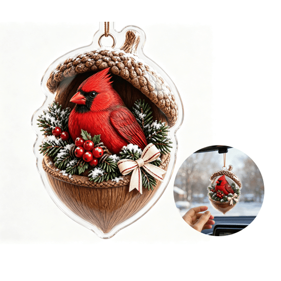 Red Cardinal Bird Christmas Tree Ornament, 2D Acrylic Flat Hanging Decor with Acorn Shell Design, Animal Holiday Keepsake for Tree Wreath and Car Mirror
