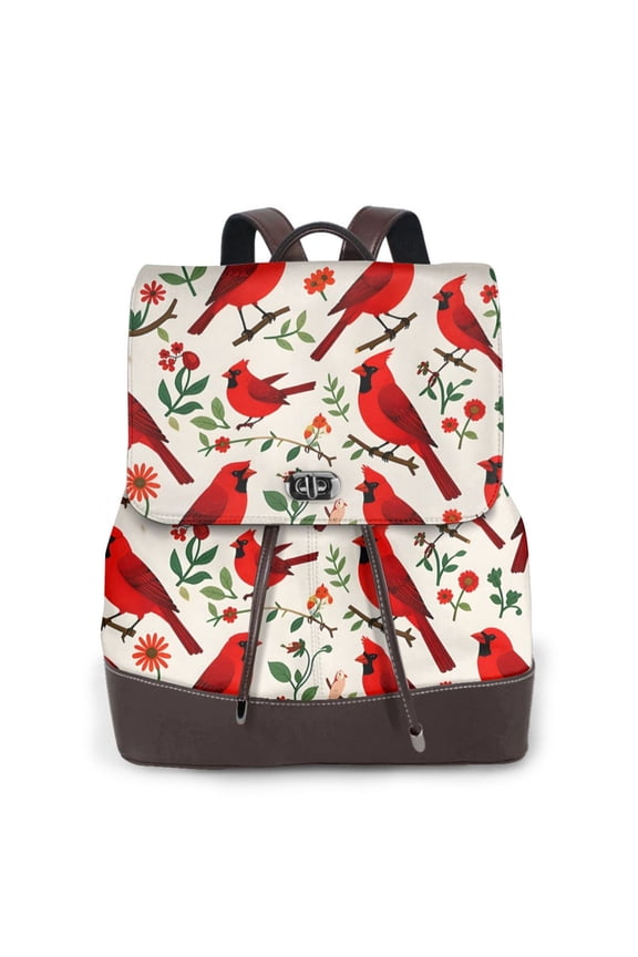 Red Cardinal Bird Christmas Women's Leather Backpack All-Over Print Bag for Work and Travel