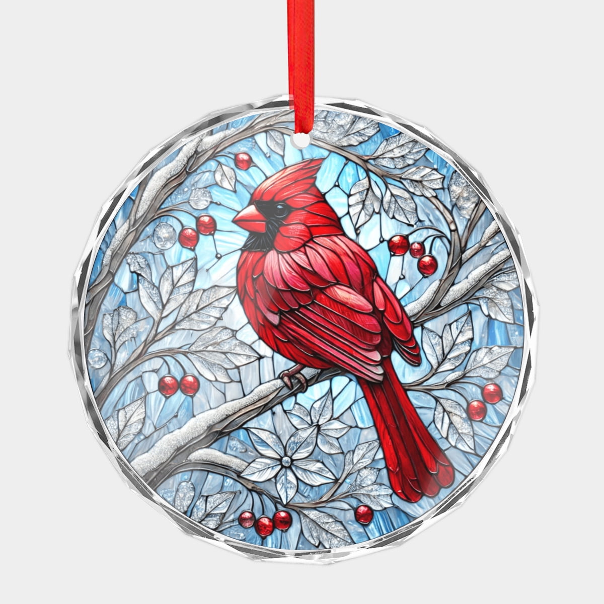 Red Cardinal Bird on Icy Frosted Tree Branches Crystal Glass Christmas ...