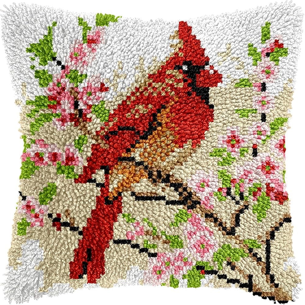Red Cardinal Bird Latch Hook Pillow Kits for DIY Handmade Throw Pillow Cushion Embroidery Latch Hooking Pillowcase Kits with Preprinted Canvas Crochet Yarn Kits 17''X 17''(g296)