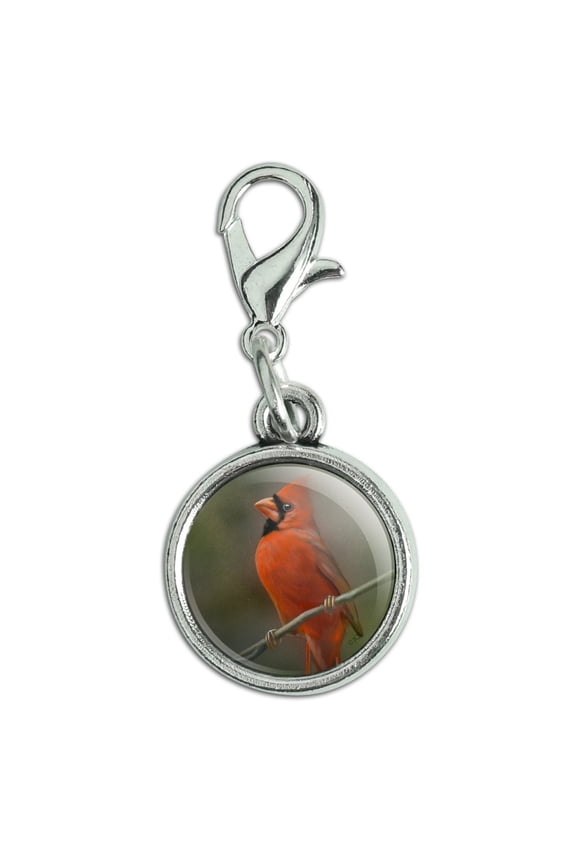 Red Cardinal Bird On Branch Antiqued Bracelet Pendant Zipper Pull Charm with Lobster Clasp