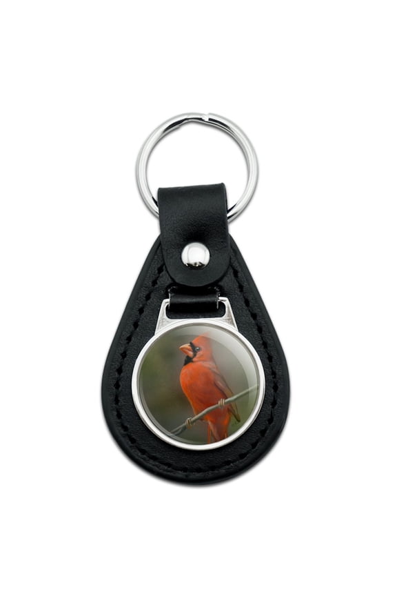 Red Cardinal Bird On Branch Black Leather Keychain