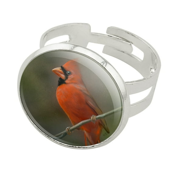 Red Cardinal Bird On Branch Silver Plated Adjustable Novelty Ring