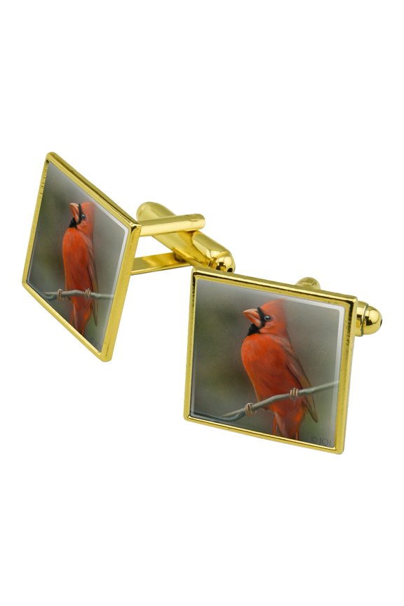 Red Cardinal Bird On Branch Square Cufflink Set - Silver or Gold