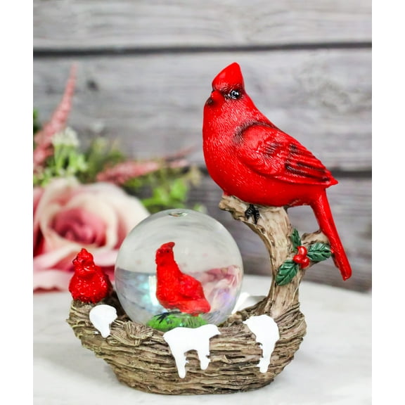 Red Cardinal Bird On Tree Branch Nest With Chicks Water Globe Mini Figurine