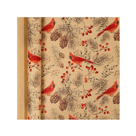 Red Cardinal Bird Pinecone Berry Kraft Christmas Wrapping Paper Rustic Winter Wildlife Recycled Brown Kraft Gift Wrap for Holiday Xmas Wedding Birthday Winter Solstice Gift Wrap