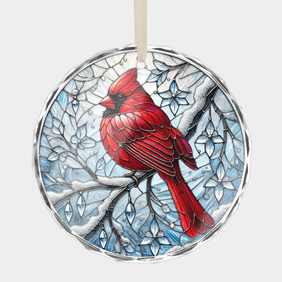 Red Cardinal Bird on Snowy Branches Sympathy Memory Crystal Glass Christmas Ornament, 3 Beveled-Edge Disc (0.23 Thick,) with Stained Glass Style Printed Design Holiday Gift