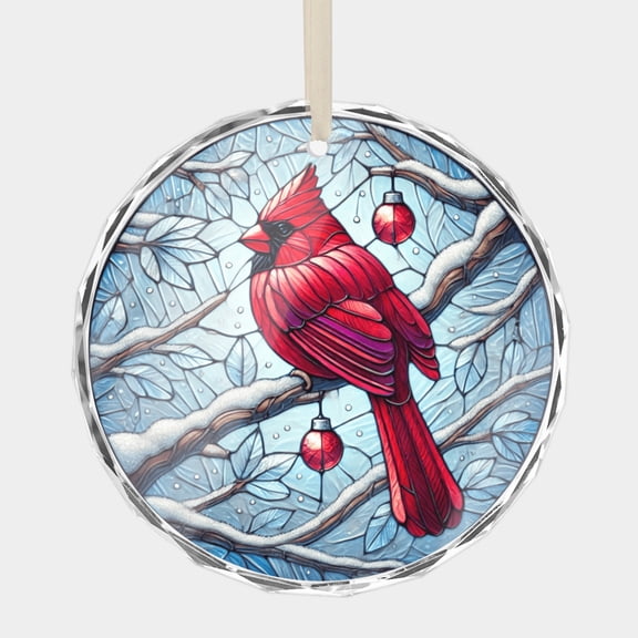 Red Cardinal Bird on Snowy Branches Sympathy Wish Crystal Glass Christmas Ornament, 3 Beveled-Edge Disc (0.23 Thick,) with Stained Glass Style Printed Design Holiday Gift