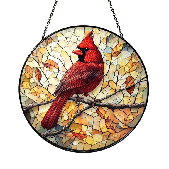 Red Cardinal Bird Stained Glass Round Suncatcher – Window Hanging Gift for Dad, Bird Lover Home and Garden Decor Accent
