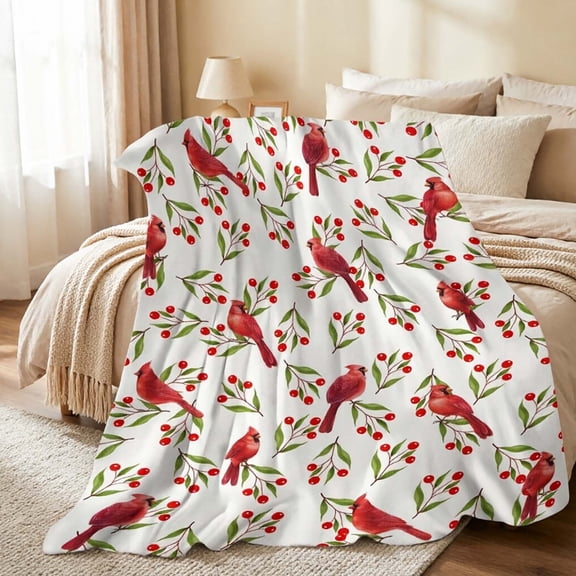 Red Cardinal Bird Throw Blanket for Couch or Bed, Soft Flannel Warm Washable Decor Cover for Daily Use.