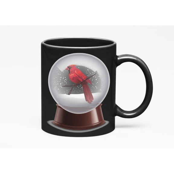 Red Cardinal Bird in a Glass Snow Globe Print, Cup, Black 11oz Ceramic Mug