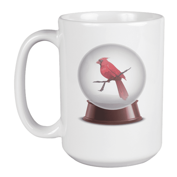 Red Cardinal Bird in a Glass Snow Globe Print, White Coffee & Tea Mug Cup (15oz)