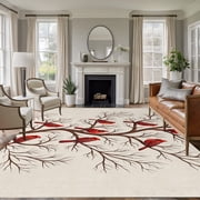 Red Cardinal Birds 5'x7' Area Rug, Withered Branches Farmhouse Beige Washable Non-Slip Soft Rugs, Low-Pile Large Carpet for Living Room Bedroom Dining Room, Non-Shedding Accent Rug
