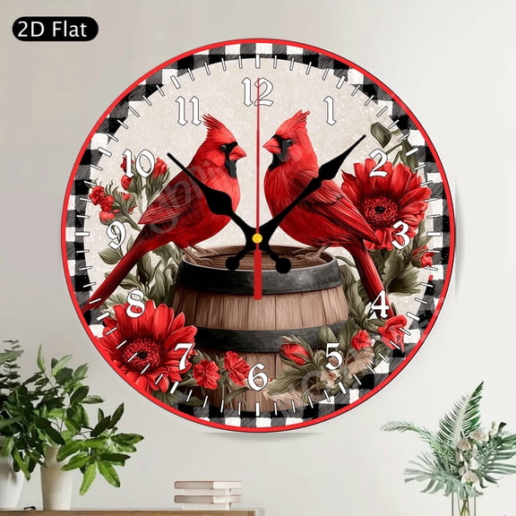 Red Cardinal Birds Buffalo Plaid Silent Round Wall Clock Farmhouse Rustic Decor