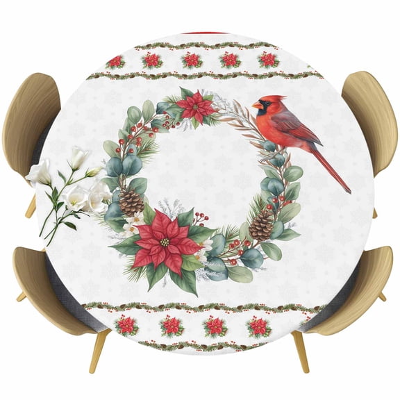 Red Cardinal Birds Round Tablecloth, Fitted Table Cover with Elastic for 45"-54" Round Tables, Christmas Poinsettia Flowers Xmas Wreath Table Cloth Outdoor Indoor Dinning Party Waterproof Tablecloths