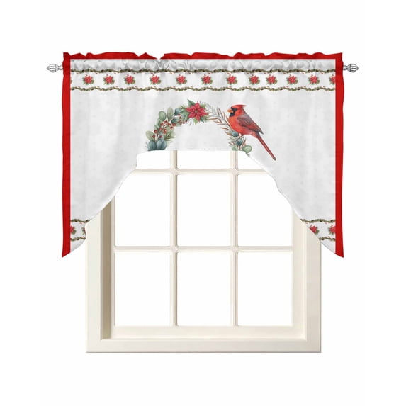 Red Cardinal Birds Swag Valances for Windows, Small Curtains Drapes, Christmas Poinsettia Flowers Xmas Wreath Kitchen Window Curtains Over Sink Window Treatment Valance for Bedroom/Bathroom 56"x36"