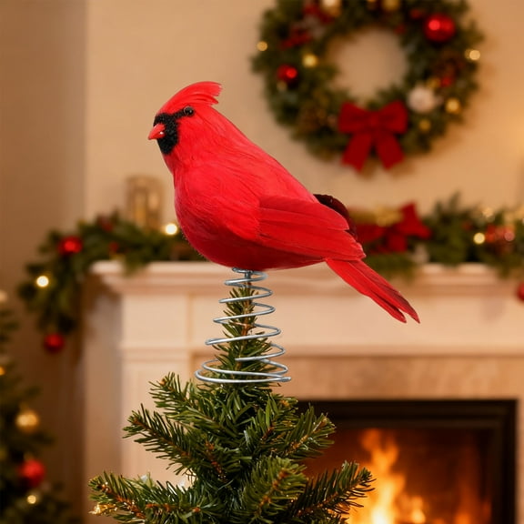 Red Cardinal Christmas Tree Topper, 12 Inch Artificial Feathered Bird Ornament with Metal Spring Base, Holiday Decoration