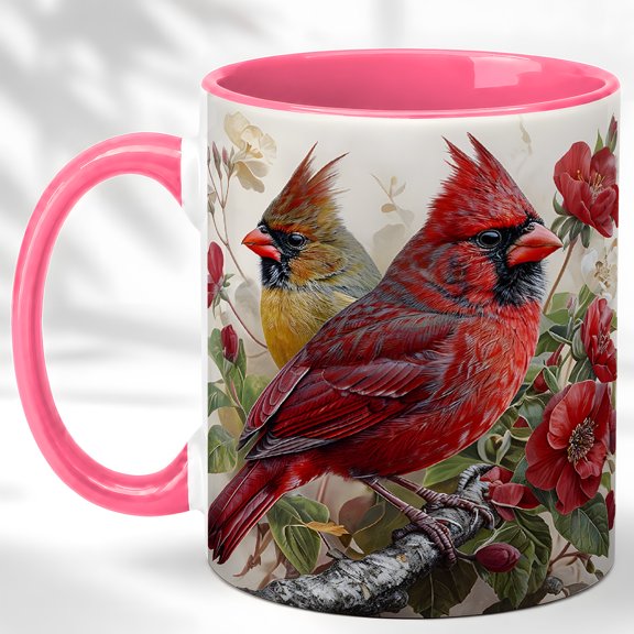Red Cardinal Coffee Mug, Northern Cardinal Bird Mug, Floral Nature Gift for Bird Lovers, Winter Garden Couple Design, Botanical Wildlife Art, Ceramic 11 Oz Cup with Black Handle