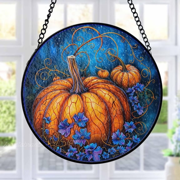 Pumpkins Stained Glass Suncatcher Metal Outdoor Decor Fantasy Autumn Blue Orange