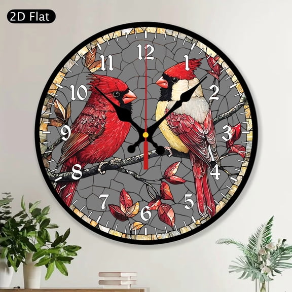 Red Cardinal Couple Round Wall Clock, MDF Wood Bird Wall Art, Indoor Home Decor, Nature Lover Memorial Gift