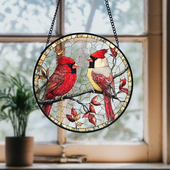 Red Cardinal Couple Stained Glass Suncatcher, Bird Window Hanging, Memorial Window Art, Nature Lover Gift, Indoor Home Decoration
