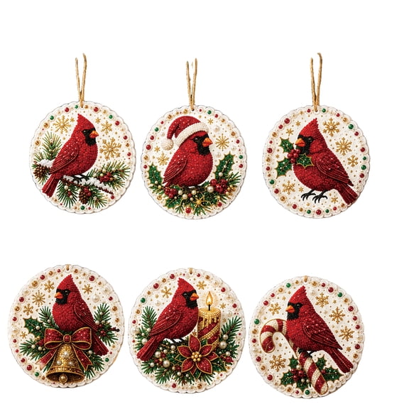 Red Cardinal DIY Pearl Diamond Art Ornament Kit 6-Pack, 2D Wooden Rhinestone Mosaic Tree Pendants with Jute Twine for Holiday Decor