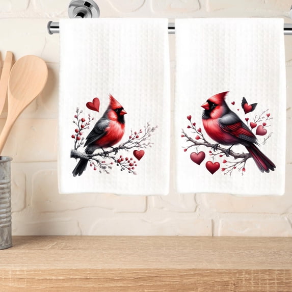 Red Cardinal Dish Towel Set Valentine's Day Kitchen Decor 16x24 Absorbent Drying Waffle Weave