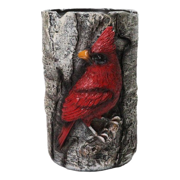 Red Cardinal Faux Birchwood Tree Pillar Candle Holder Rustic Songbird Figurine