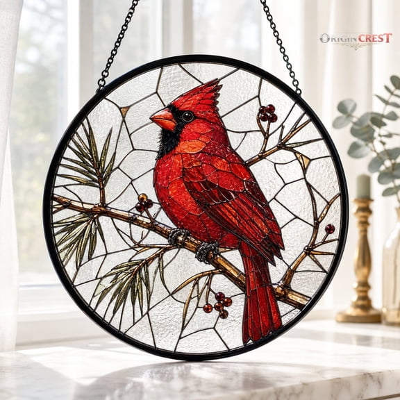Red Cardinal Faux Stained Glass Suncatcher - Bird Lover Gift, Window Hanging Decor