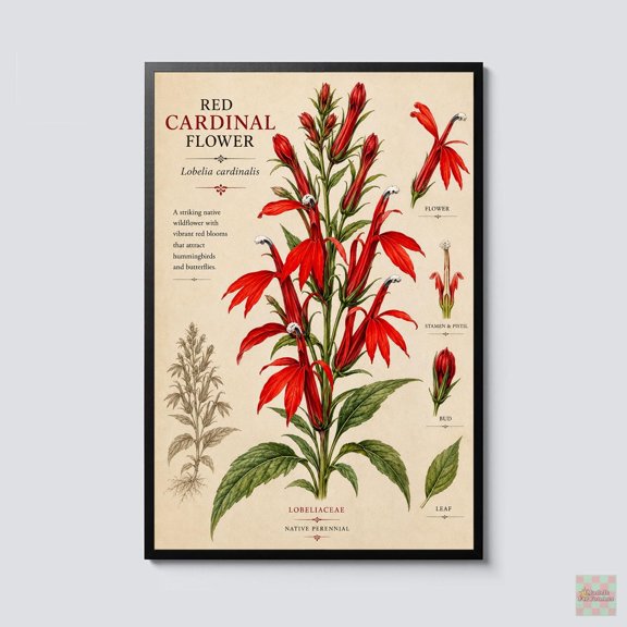 Red Cardinal Flower Botanical Lobelia Cardinalis Art Vintage Wildflower Hummingbird Garden Botanical Botanical Wall Art Poster , Poster Print Only