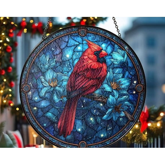 Red Cardinal Glass Suncatcher Round Bird Window Hanging, 3.5 in