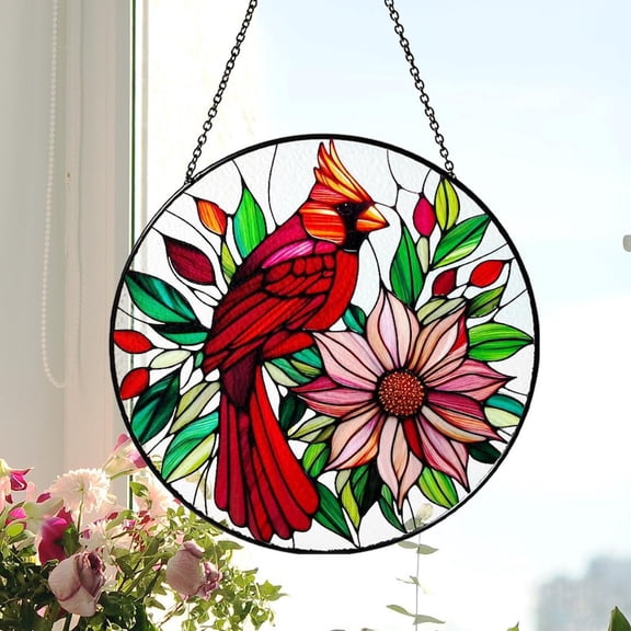 Red Cardinal Glass Suncatcher Window Hanging, Memorial Glass Art, Mom, Grandma Gift, Cardinal Bird Lover Decor, Indoor Holiday Gift