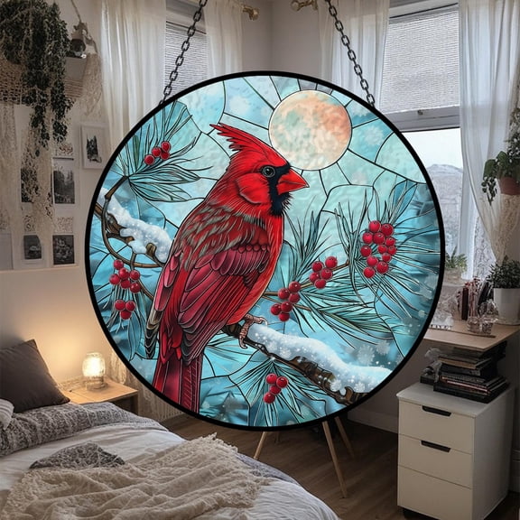 Red Cardinal Glass Suncatcher, Winter Bird Art Window Garden Decoration Snowy Landscape Cardinal, 3.5 in